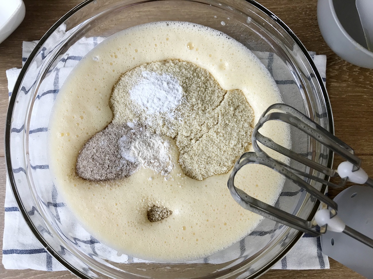 add almond flour, salt, psyllium husk, coconut flour and sesame seeds.