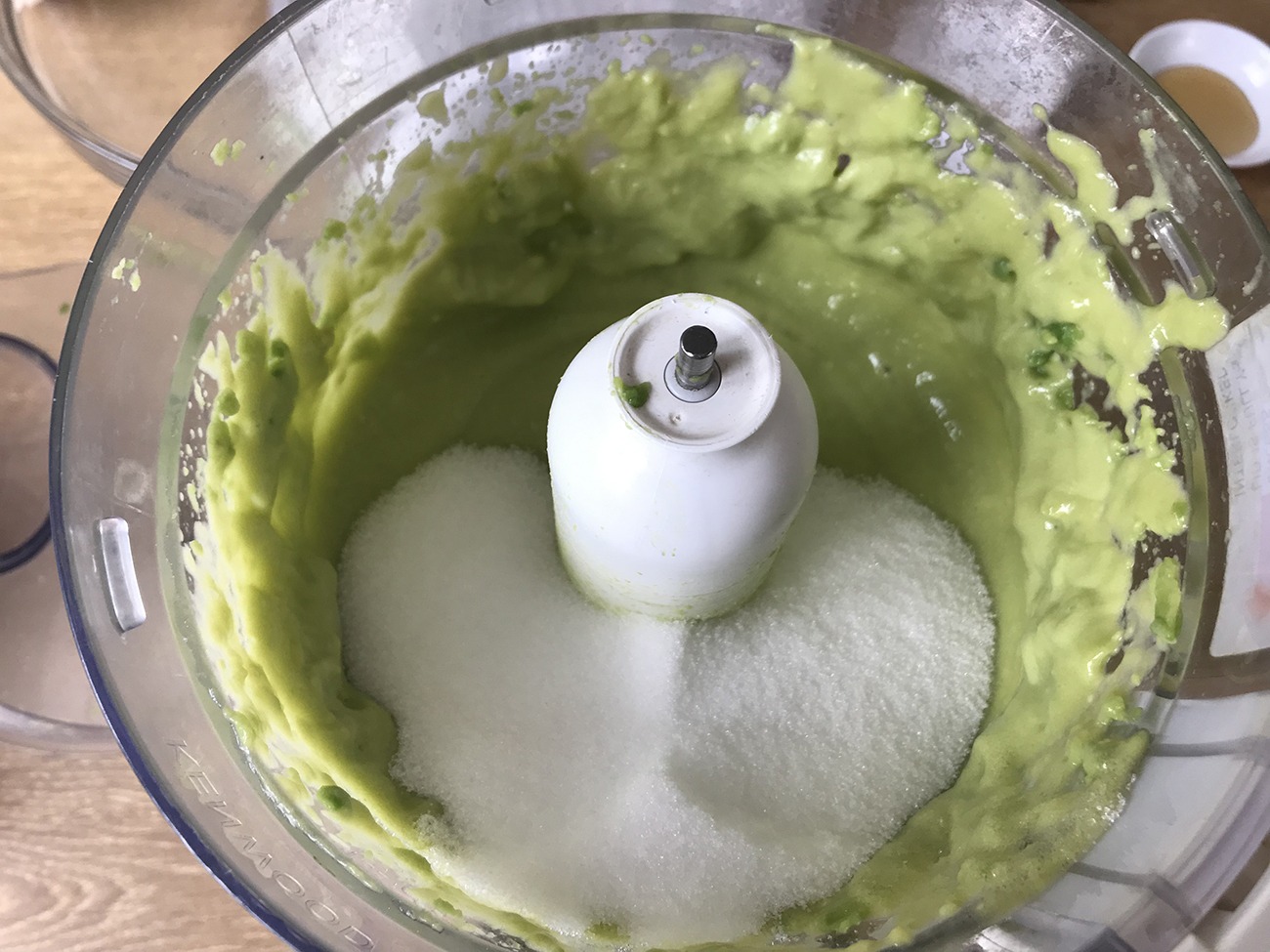 mix avocado  and sugar in the food processor