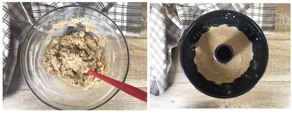 mix the batter then scoop it into the bundt pan.