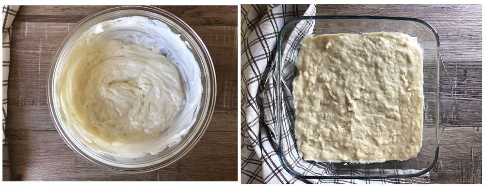 Spread the dough in the baking pan then bake.