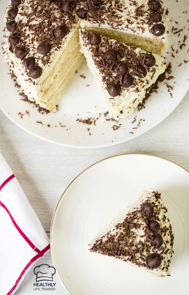Easy Vanilla Cake – Three layers of fluffy sponge cake made from scratch.