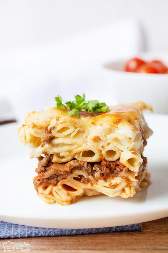Macaroni Bechamel is layered with a well-seasoned beef mixture and topped with creamy bechamel sauce