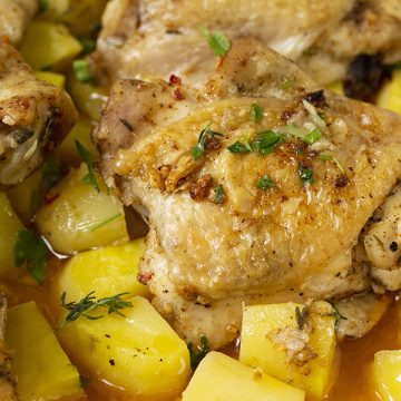 One-pan chicken and potatoes is a deliciously flavourful meal for dinner.