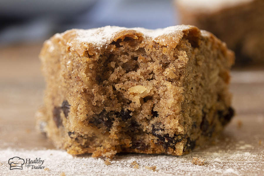 British fruit cake topped with icing sugar