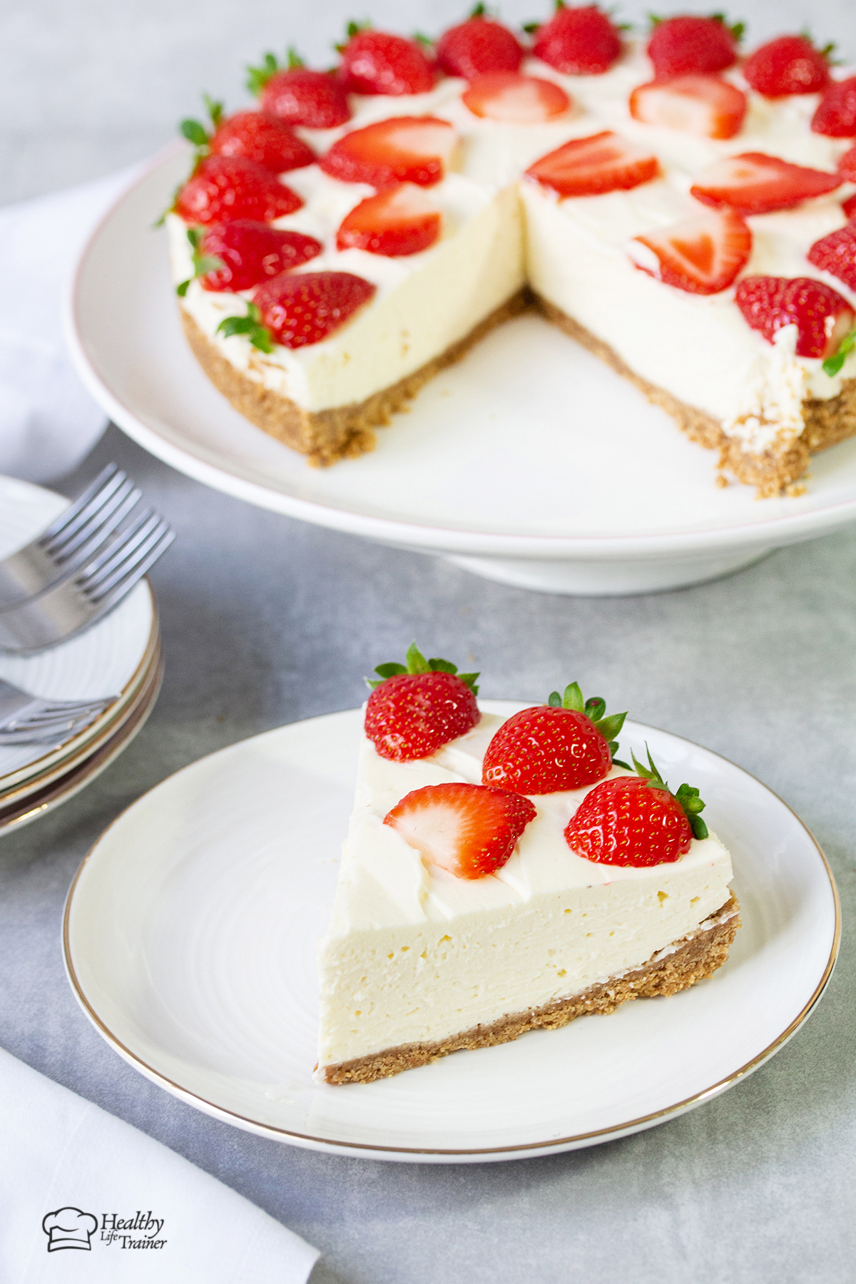 A slice of the philadelphia no-bake cheesecake in a serving plate.