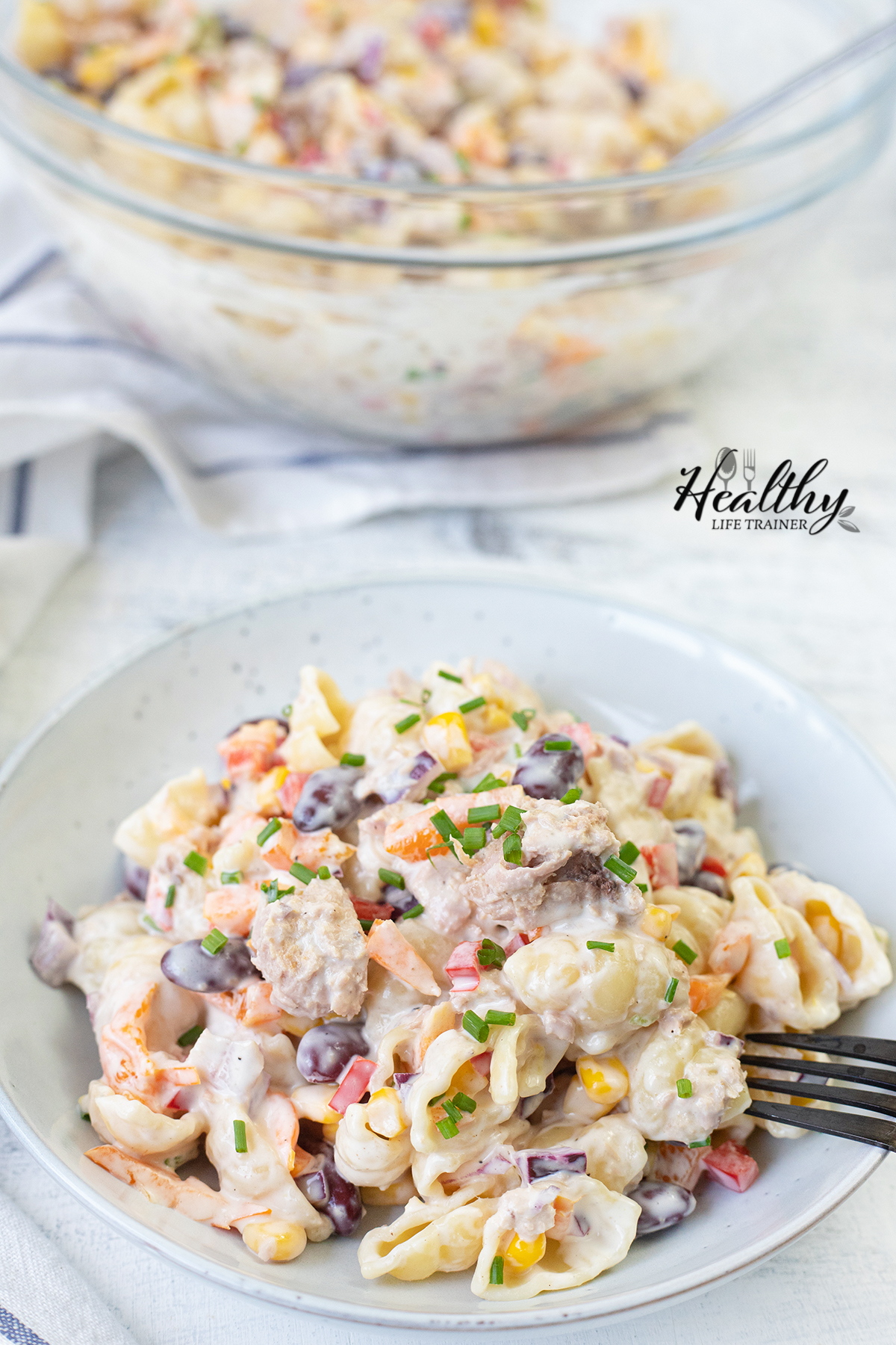 creamy tuna pasta salad is a healthy, light meal 