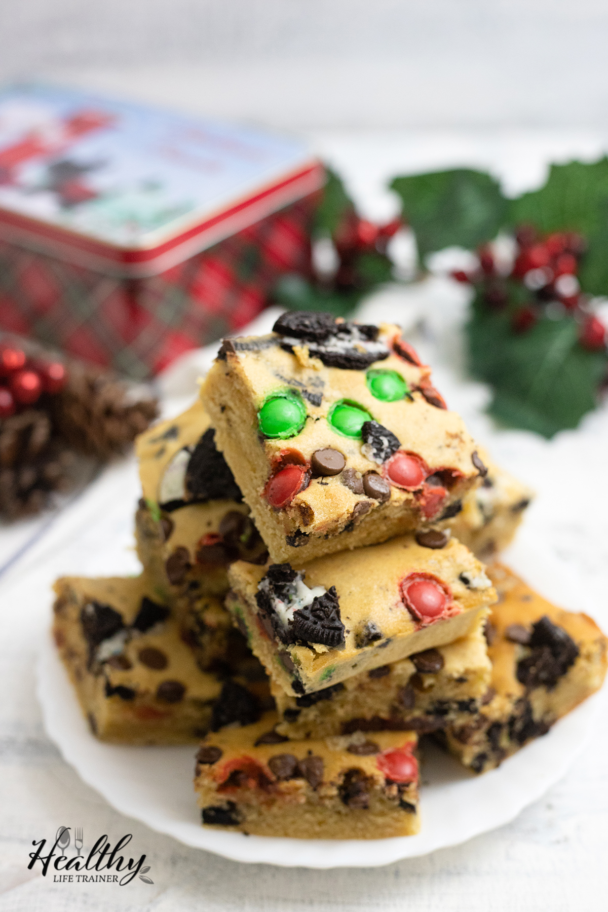 Christmas Blondies in a serving plate.