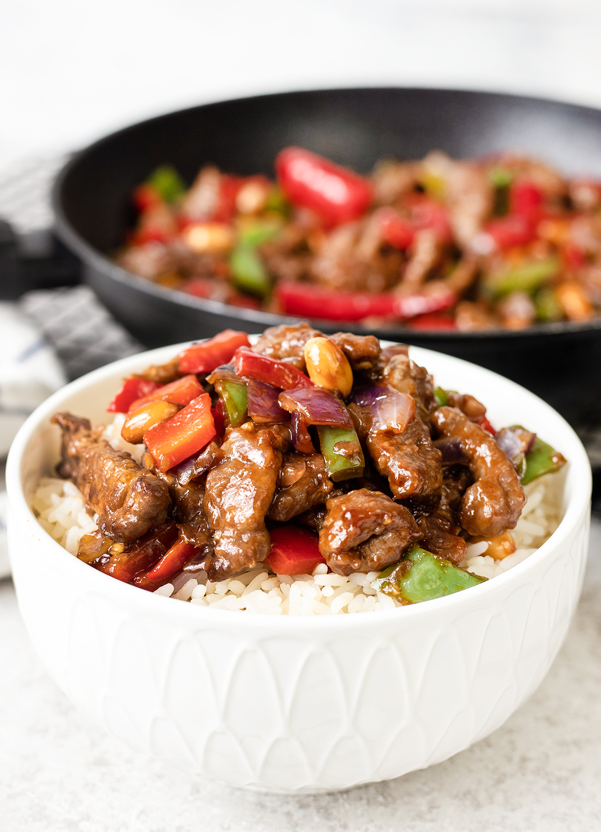 Kung Pao Beef on top of white rice.