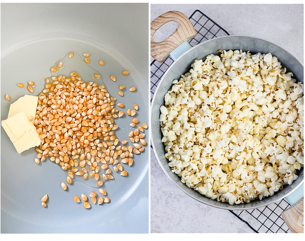 steps of how to make spicy popcorn at home.