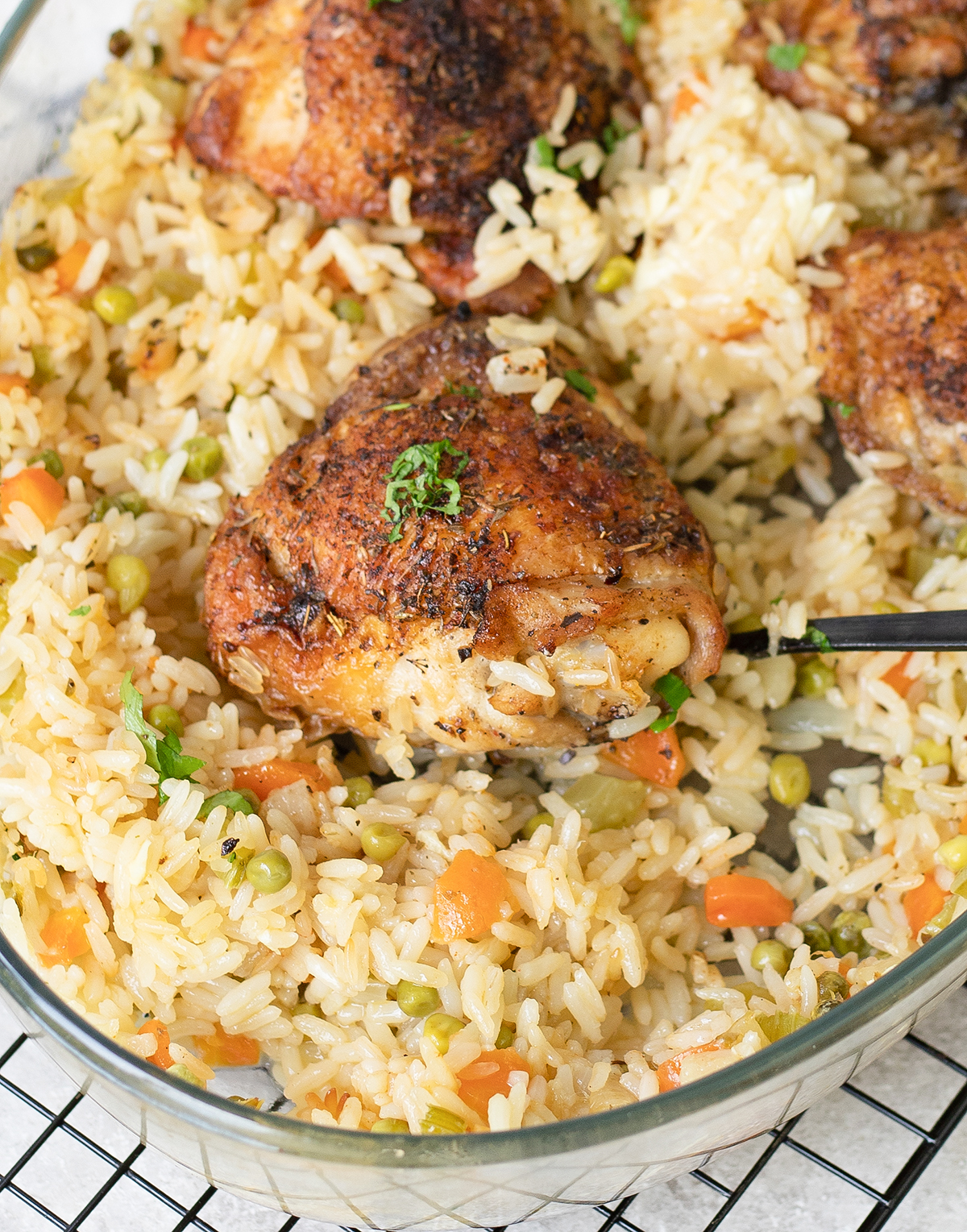 Baked Chicken And Rice in a big casserole