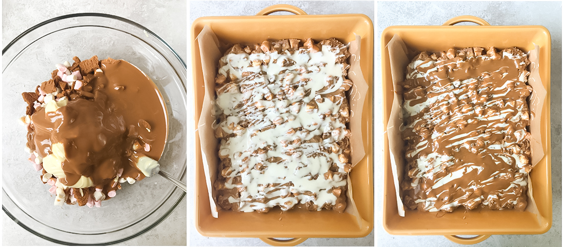 Transfer the mixture into the baking pan.