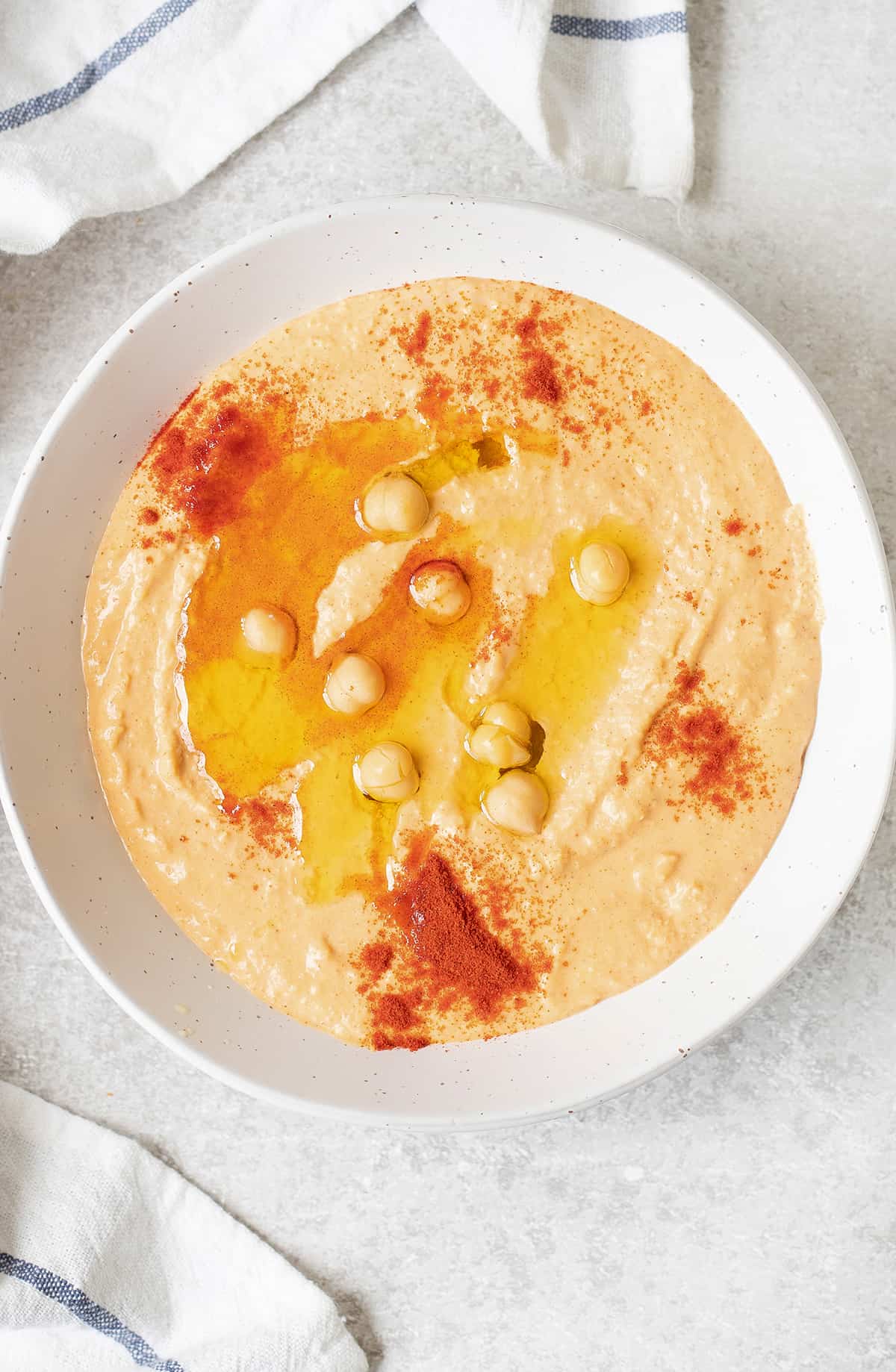 healthy Hummus Dip topped with some chickpeas