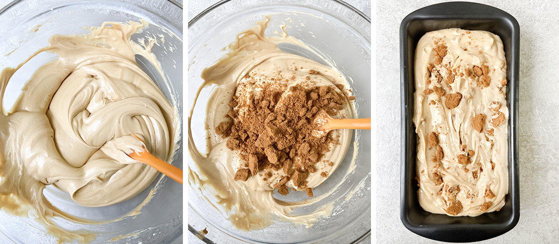 stir in the crushed Biscoff biscuits, then transfer the mixture into a container.