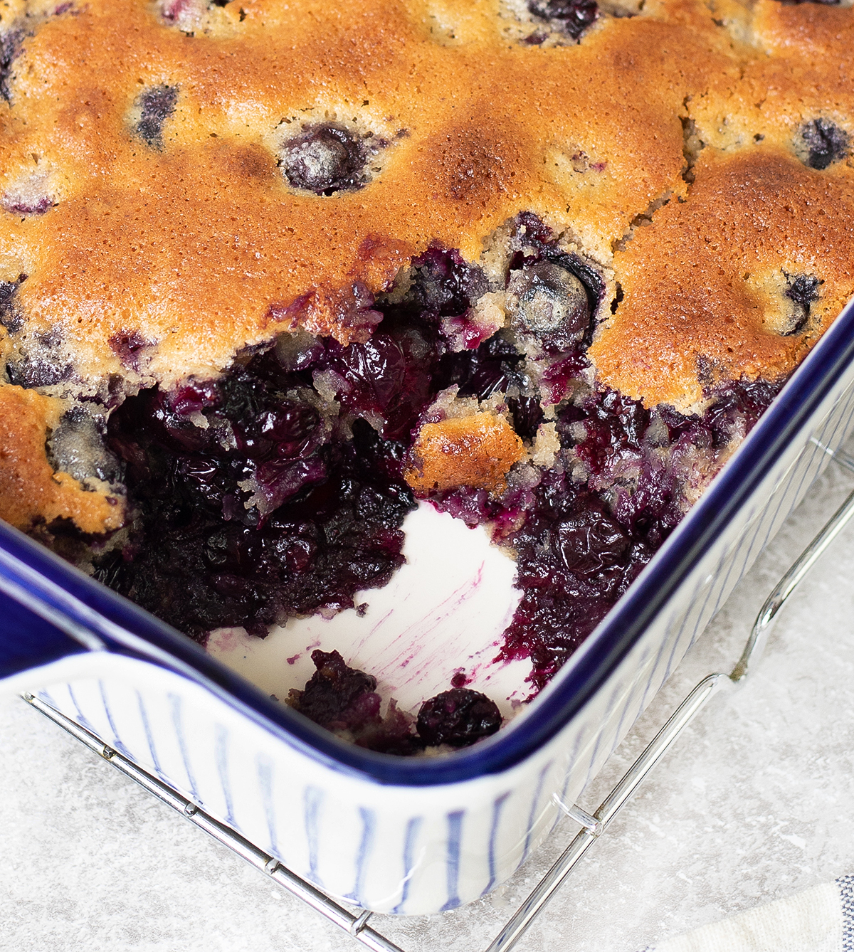 Easy Blueberry Cobbler in a baking pan.