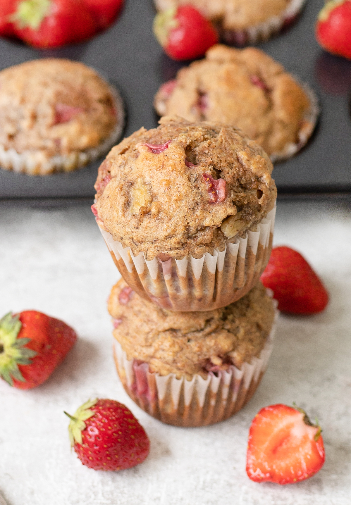 focus shot of Whole Wheat Strawberry Banana Muffins.