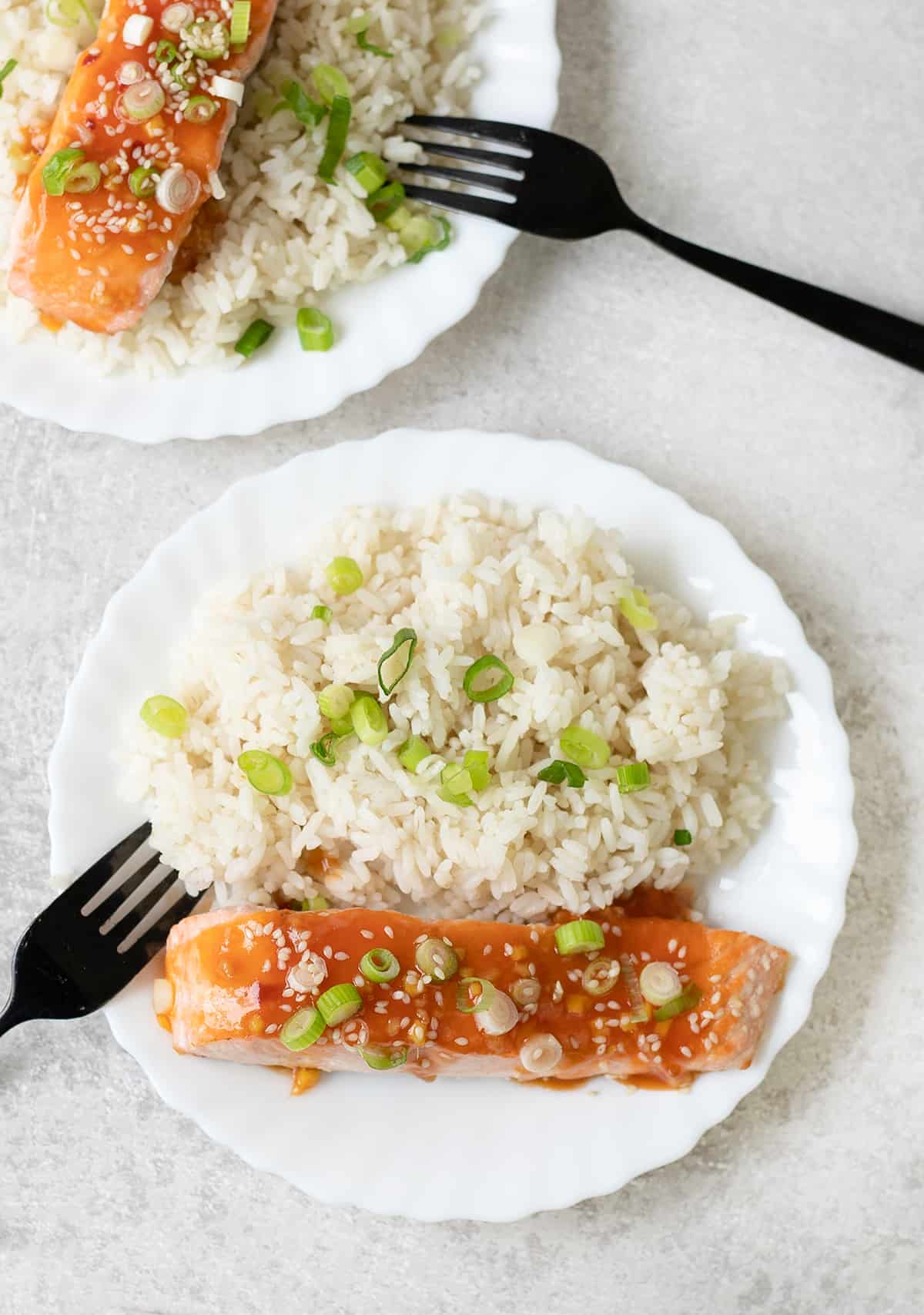 Sweet And Sour Salmon on top of rice.