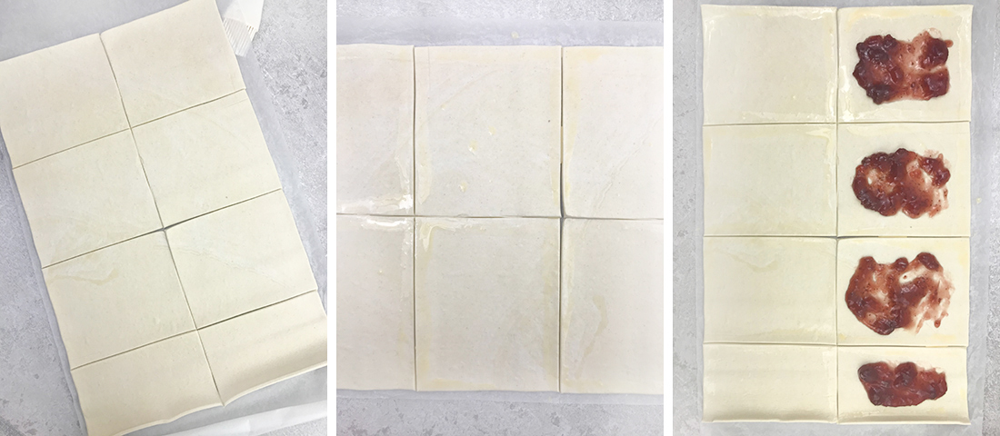 cut the puff pastry sheet into 8 equal squares.