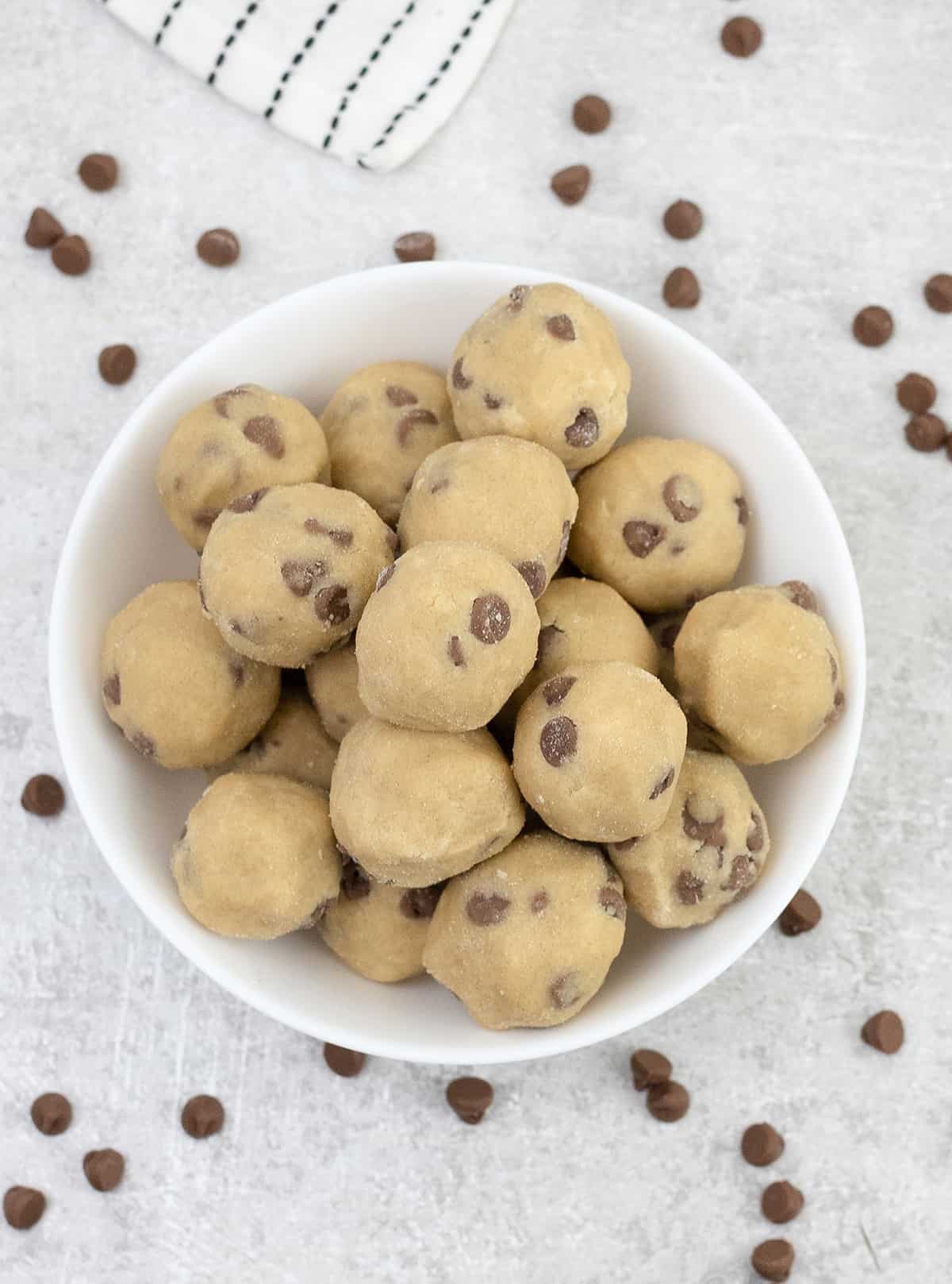 No Bake Edible Cookie Dough Bites loaded with chocolate chips.