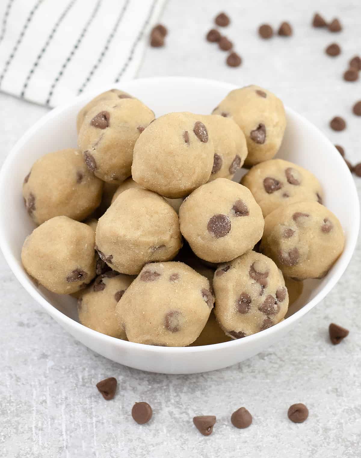 No Bake Cookie Dough balls in a bowl.