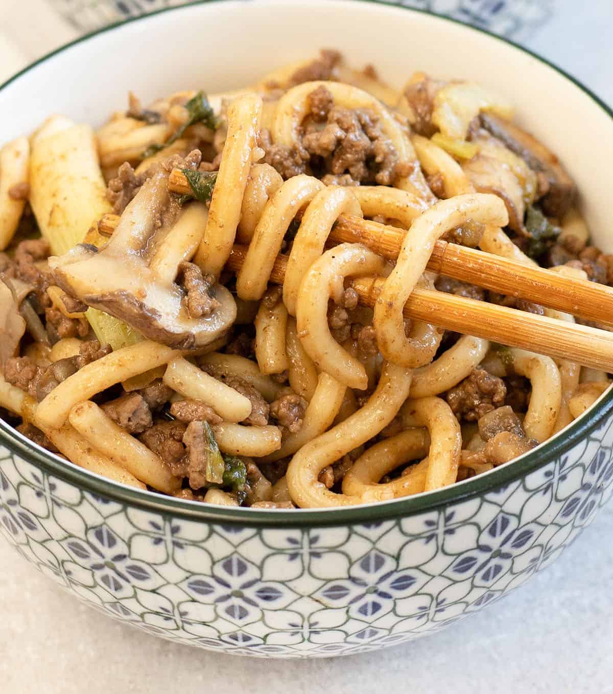Beef Udon Stir Fry in a bowl