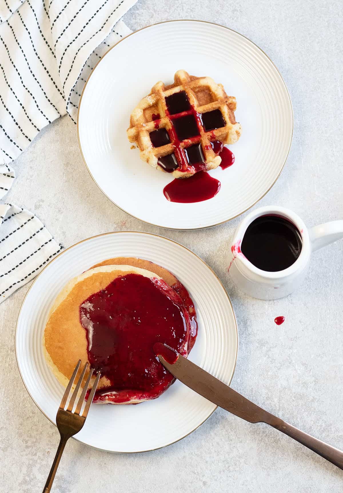waffle, pancakes and Blackberry Simple Syrup