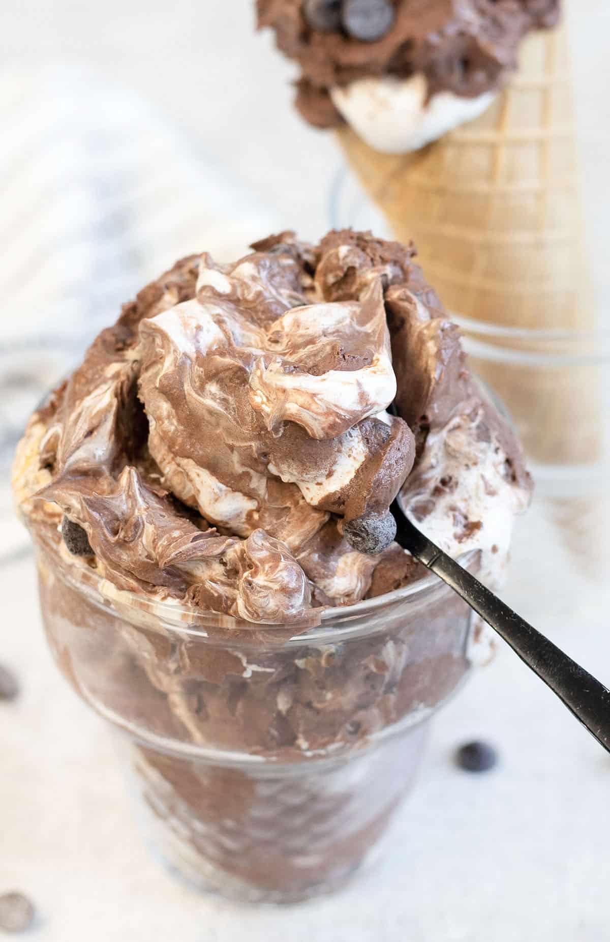 A spoonful of chocolate marshmallow ice cream.