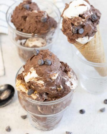 Chocolate marshmallow ice cream topped with chocolate chips.