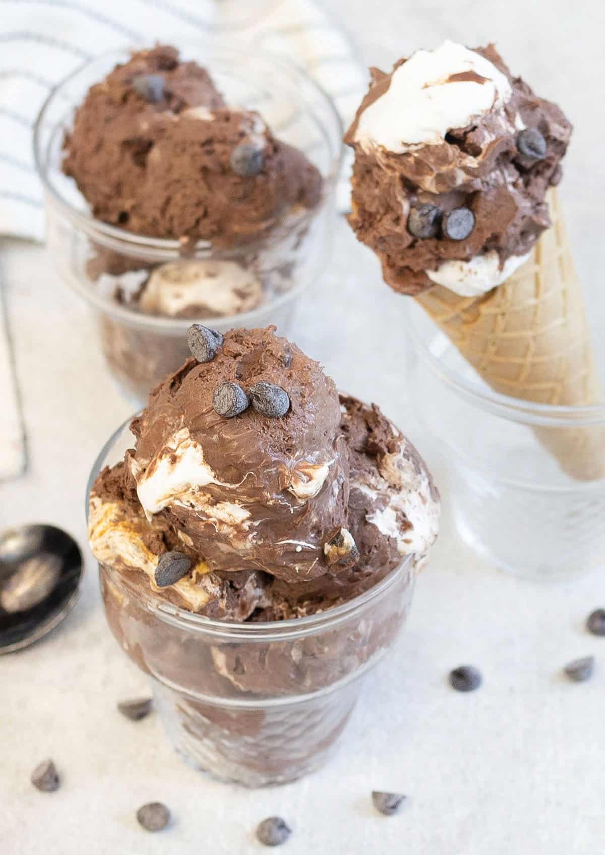 Chocolate marshmallow ice cream topped with chocolate chips.