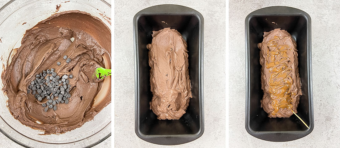 Add the chocolate and scoop the ice cream into a loaf pan.