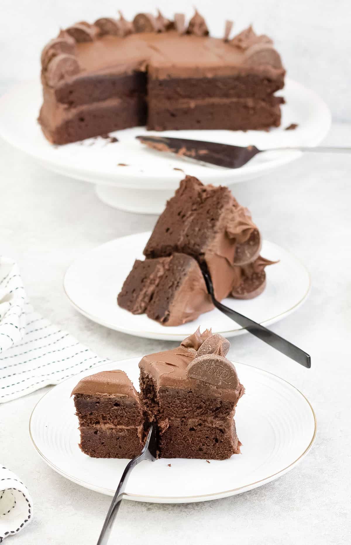 Chocolate orange cake slices in serving plates.