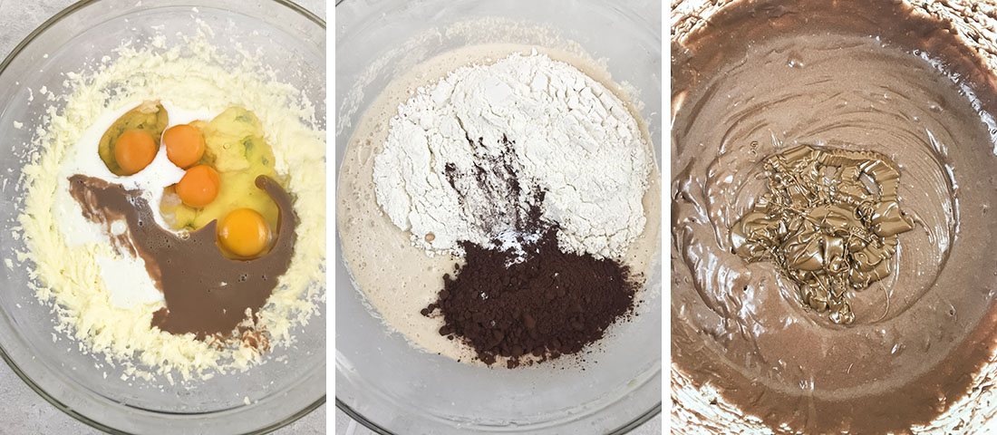 Mix in eggs, orange extract and milk. Then Add flour, baking powder and cocoa powder.