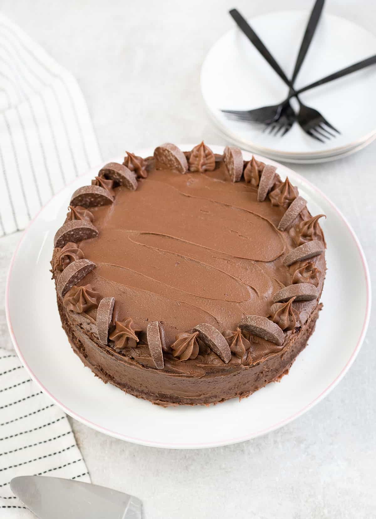 Chocolate orange cake topped with Terry's chocolate orange slices.