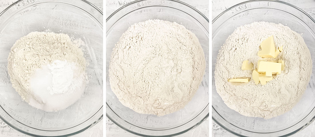 mix together flour, sugar, salt and baking powder.