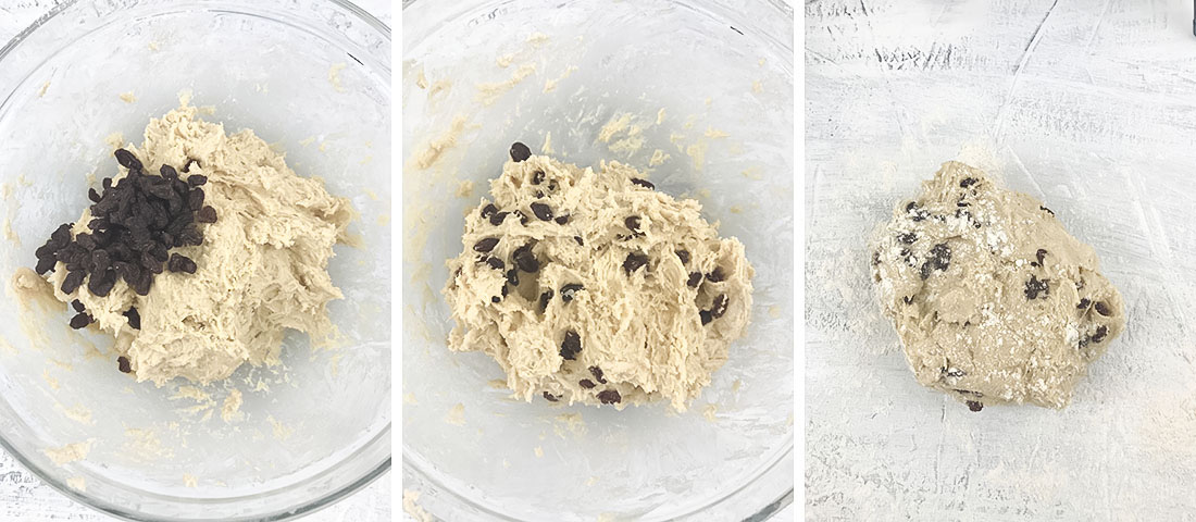 Mix the mixture loosely until a dough forms, then stir in raisins.
