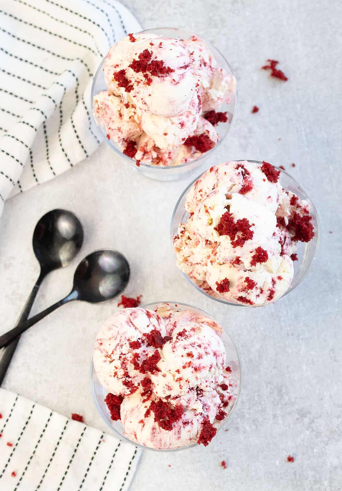 three cups full of Red Velvet Ice Cream