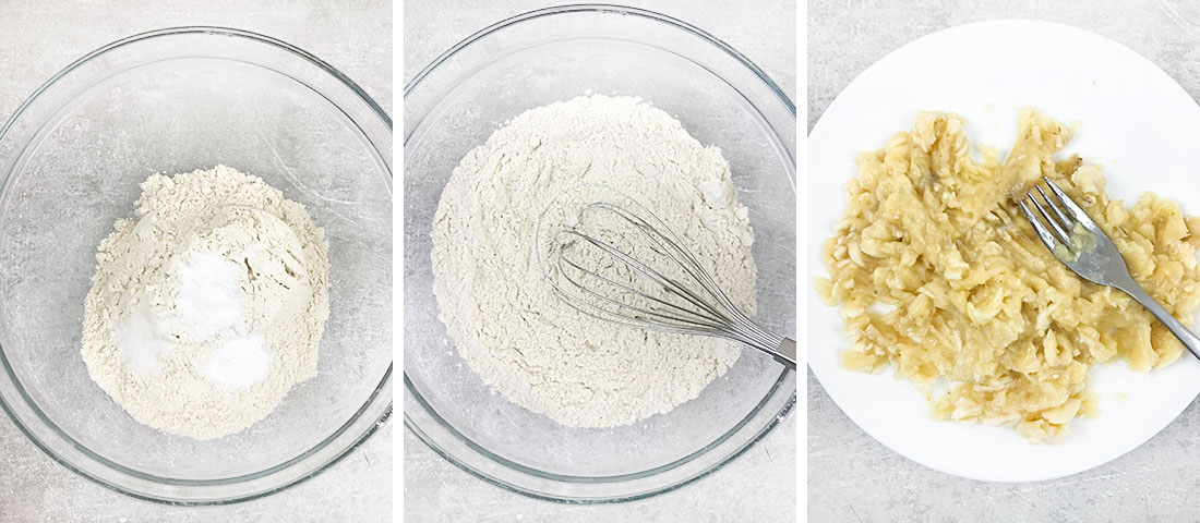 Mix the dry ingredients and mash the bananas.