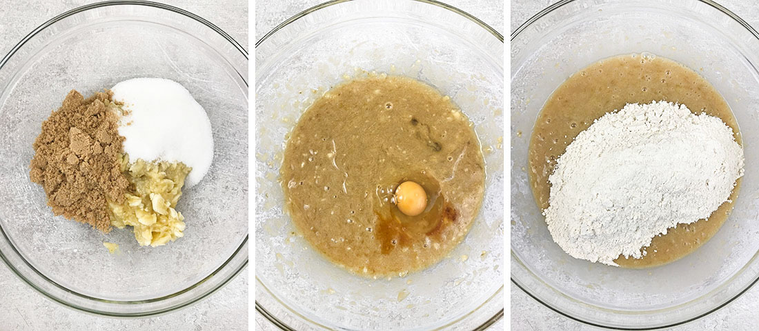 adding sugar, eggs and flour mix.