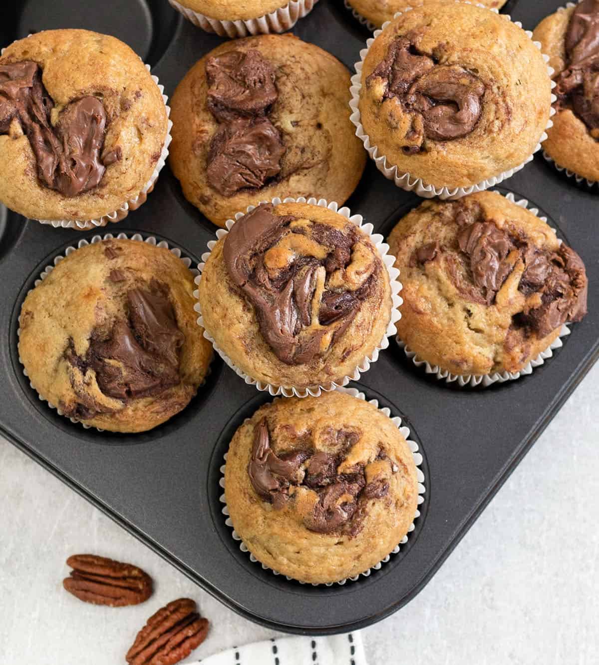 Banana Nutella Muffins in a muffin tin