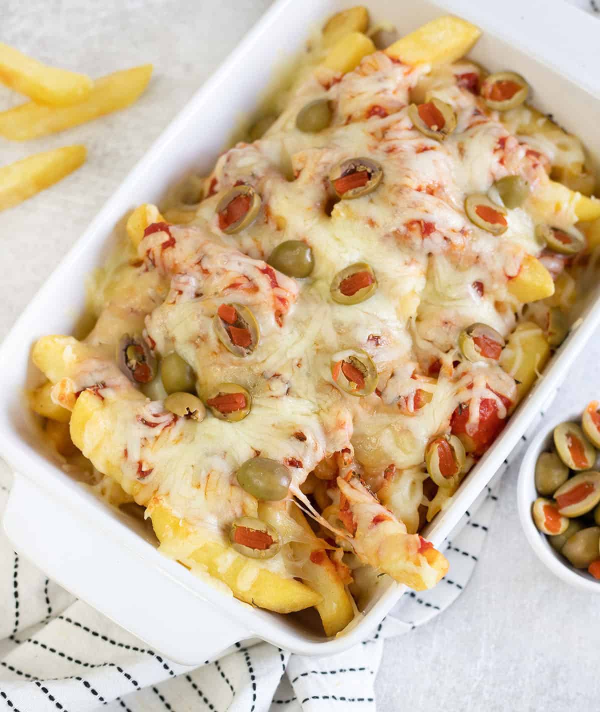 Pizza Fries in a baking pan.