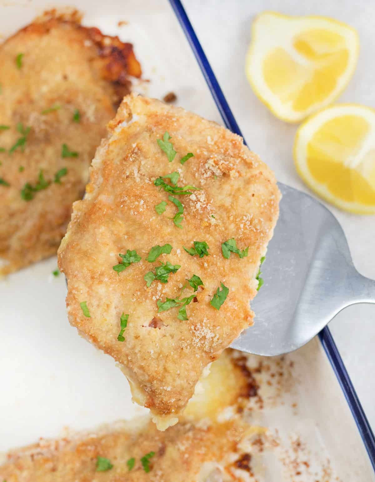 One crispy baked cod crusted with parmesan and breadcrumbs mixture.