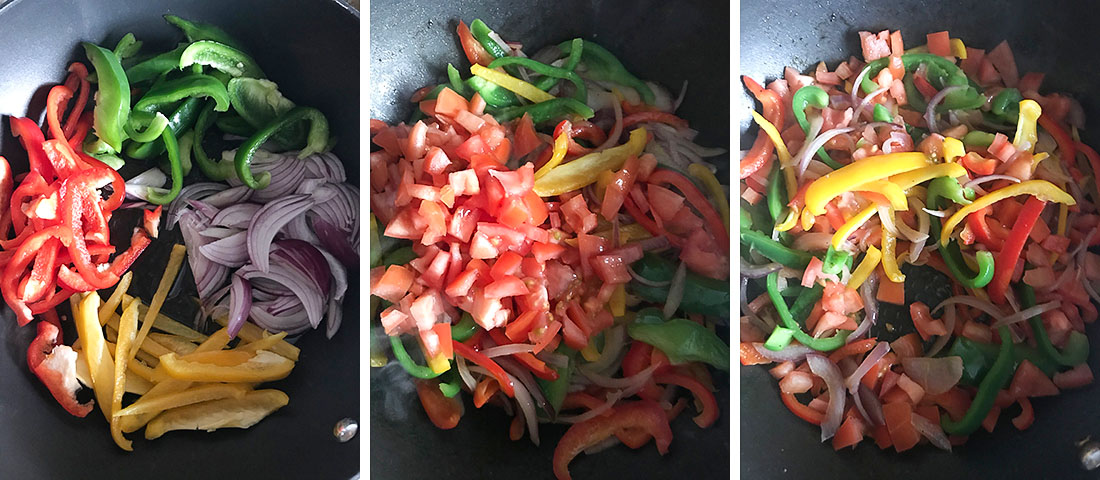 cooking the bell pepper and onion