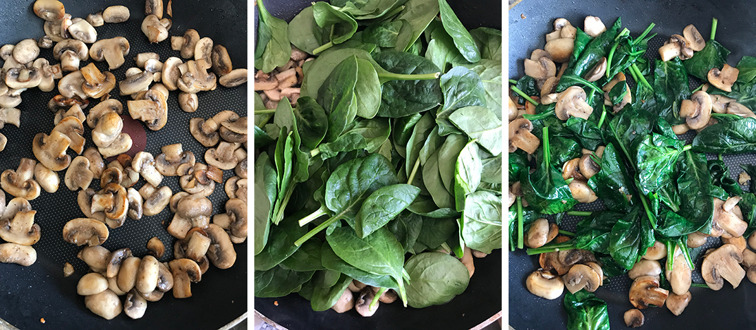 Steps of sautéing the spinach and mushrooms.