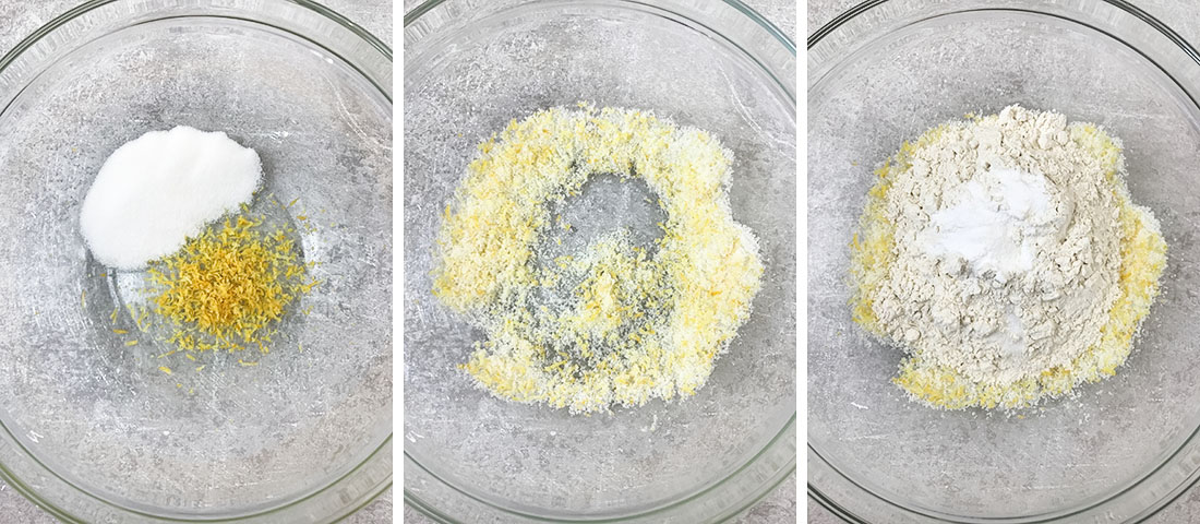 Mix some sugar and lemon zest. Mix in the flour, baking powder, and salt.