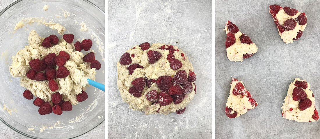 Fold in the raspberries and cut it into 8 triangles.