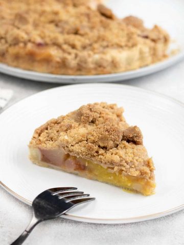 A slice of the peach mango pie in a serving plate.