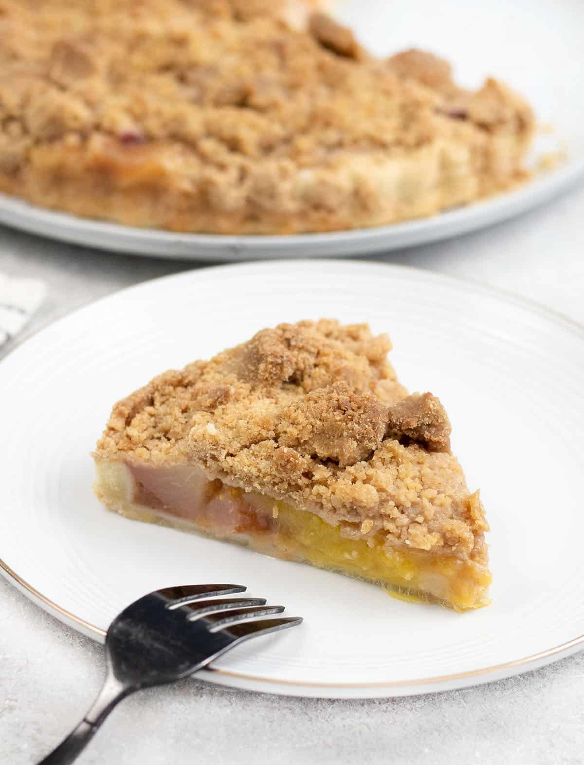 A slice of the peach mango pie in a serving plate.