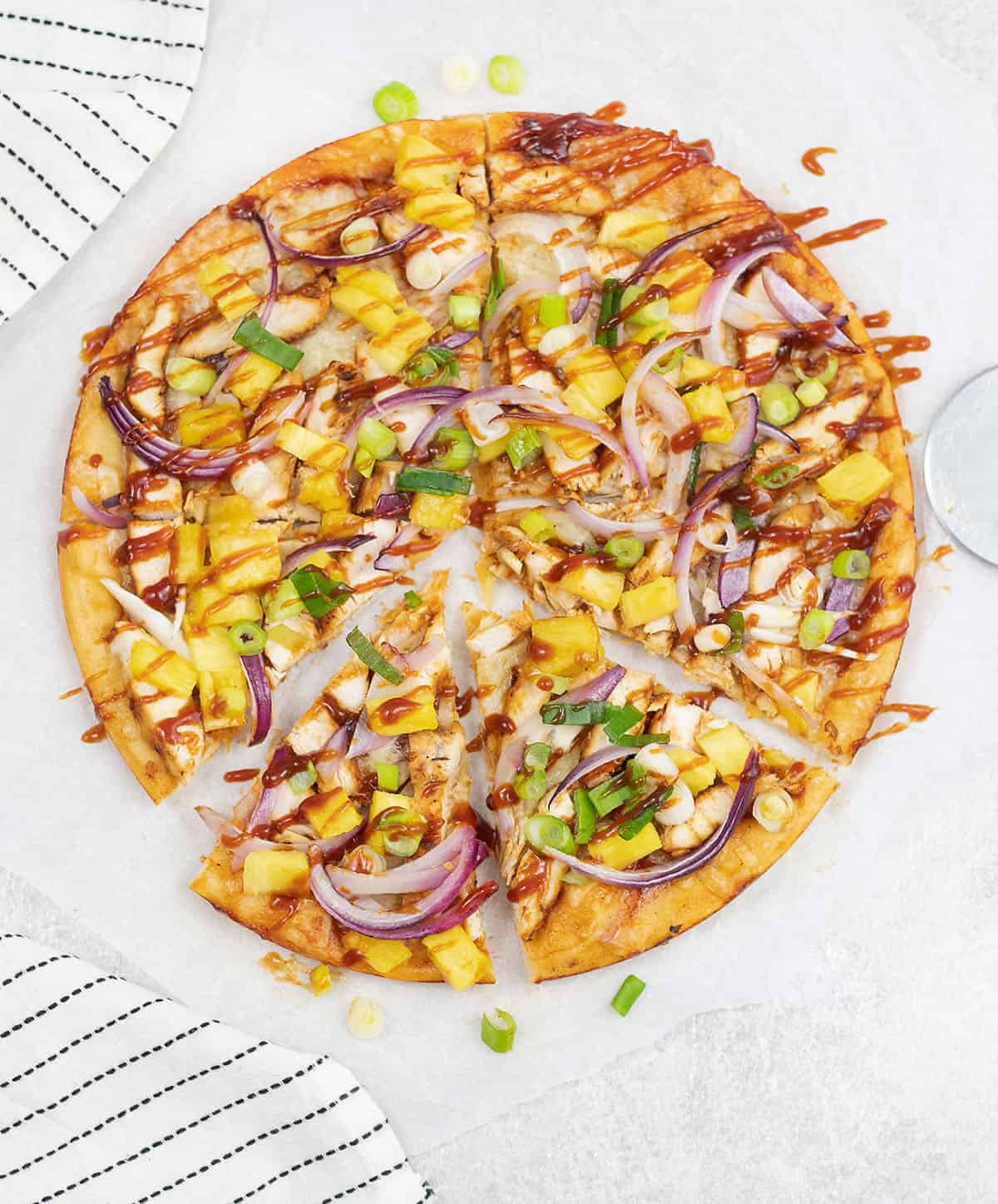 Sweet And Sour Chicken Pizza Topped With BBQ Sauce