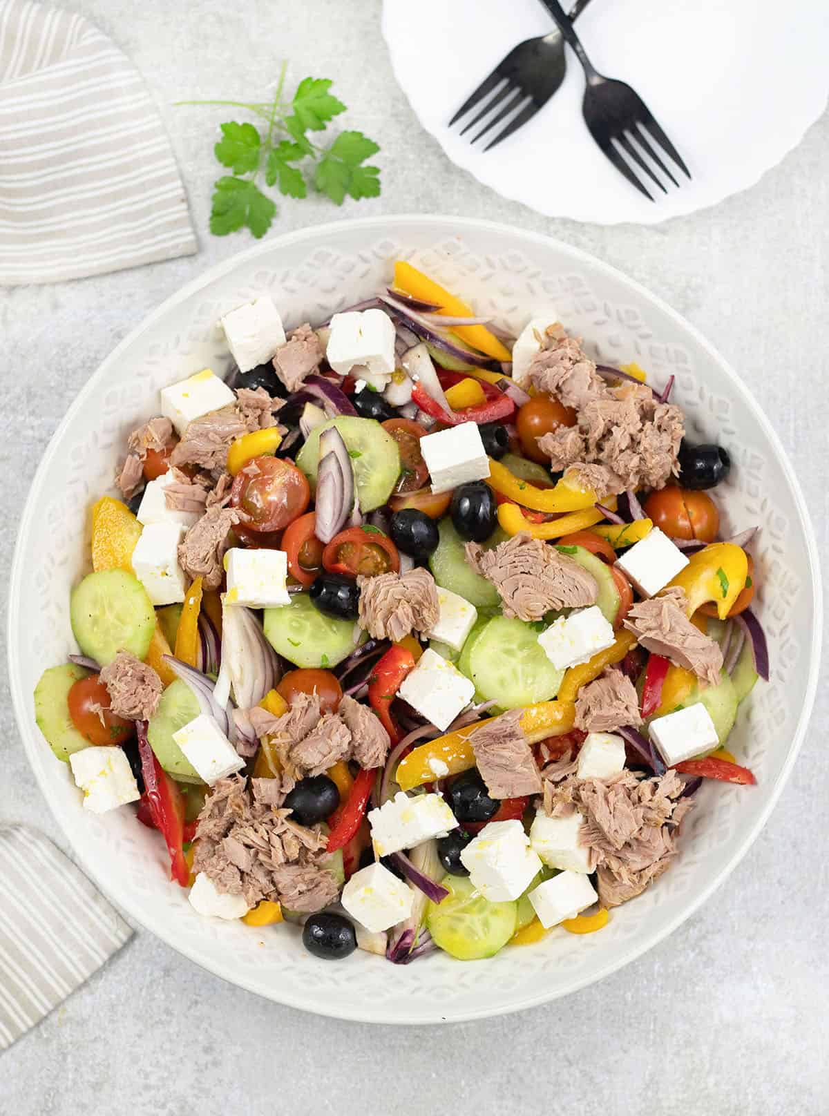 Big bowl of Tuna and Feta Salad