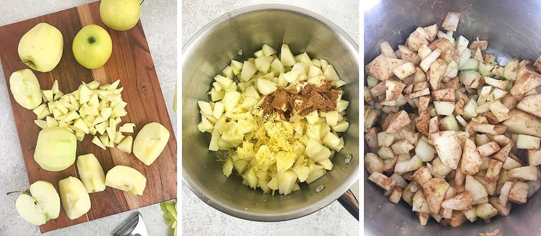 In a saucepan, add apples, Cinnamon, lemon zest, lemon juice, and 1 tablespoon water.