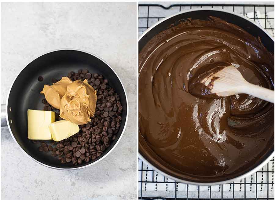 in a saucepan, mix chocolate, butter, and peanut butter over low heat until everything melts.